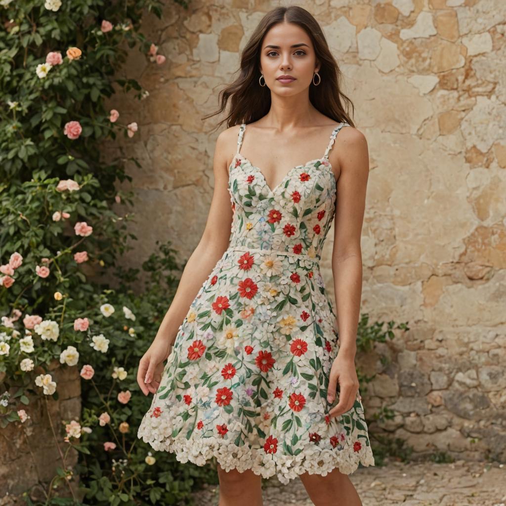 Woman in Chic Floral Summer Dress Against Rustic Background