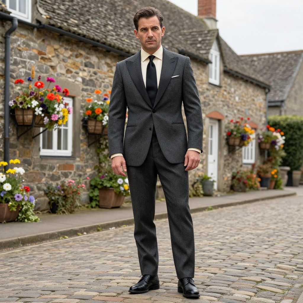 Man in Tailored Gray Suit Standing on Cobblestone Street with Flower-Adorned Stone Cottages