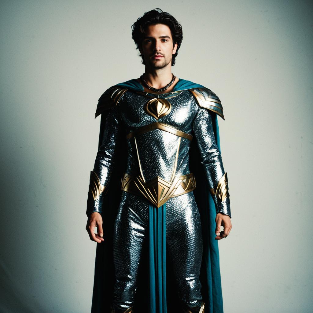 Man in Metallic Armor with Teal Cape