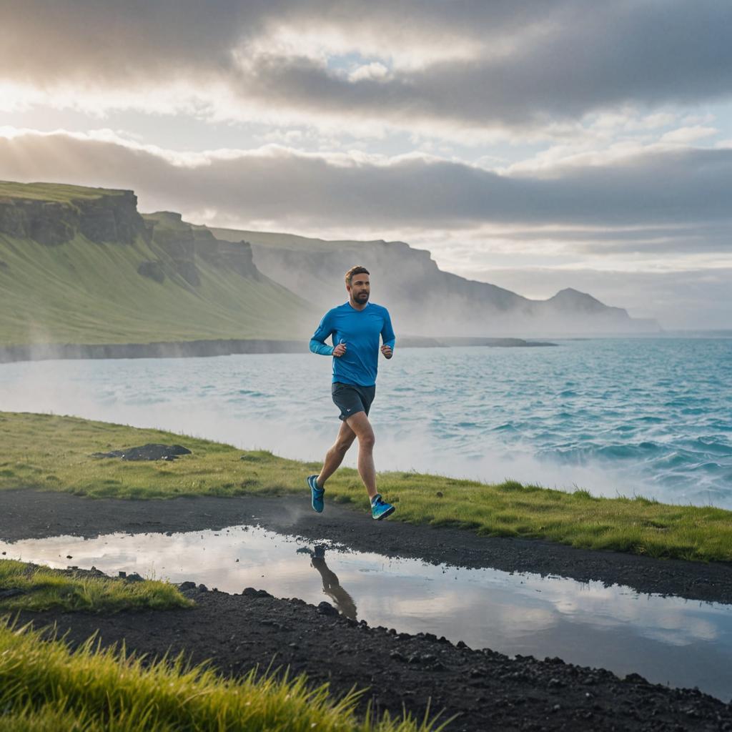 Man Jogging Along a Coastal Landscape