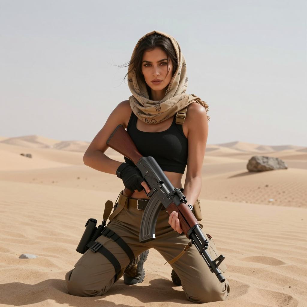 Woman in Tactical Desert Outfit Holding Rifle in Sand Dunes