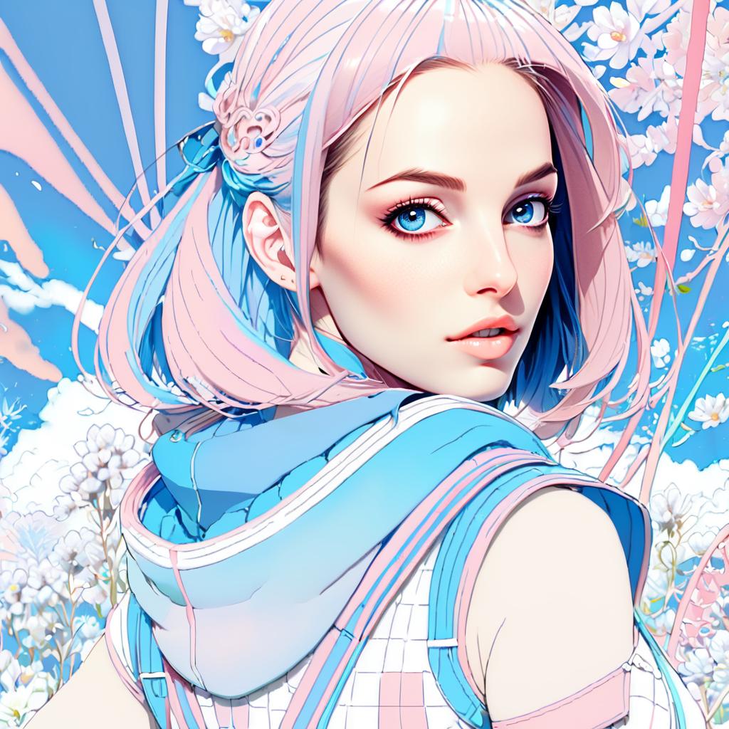 Anime-style woman with blue eyes and pink hair in spring background