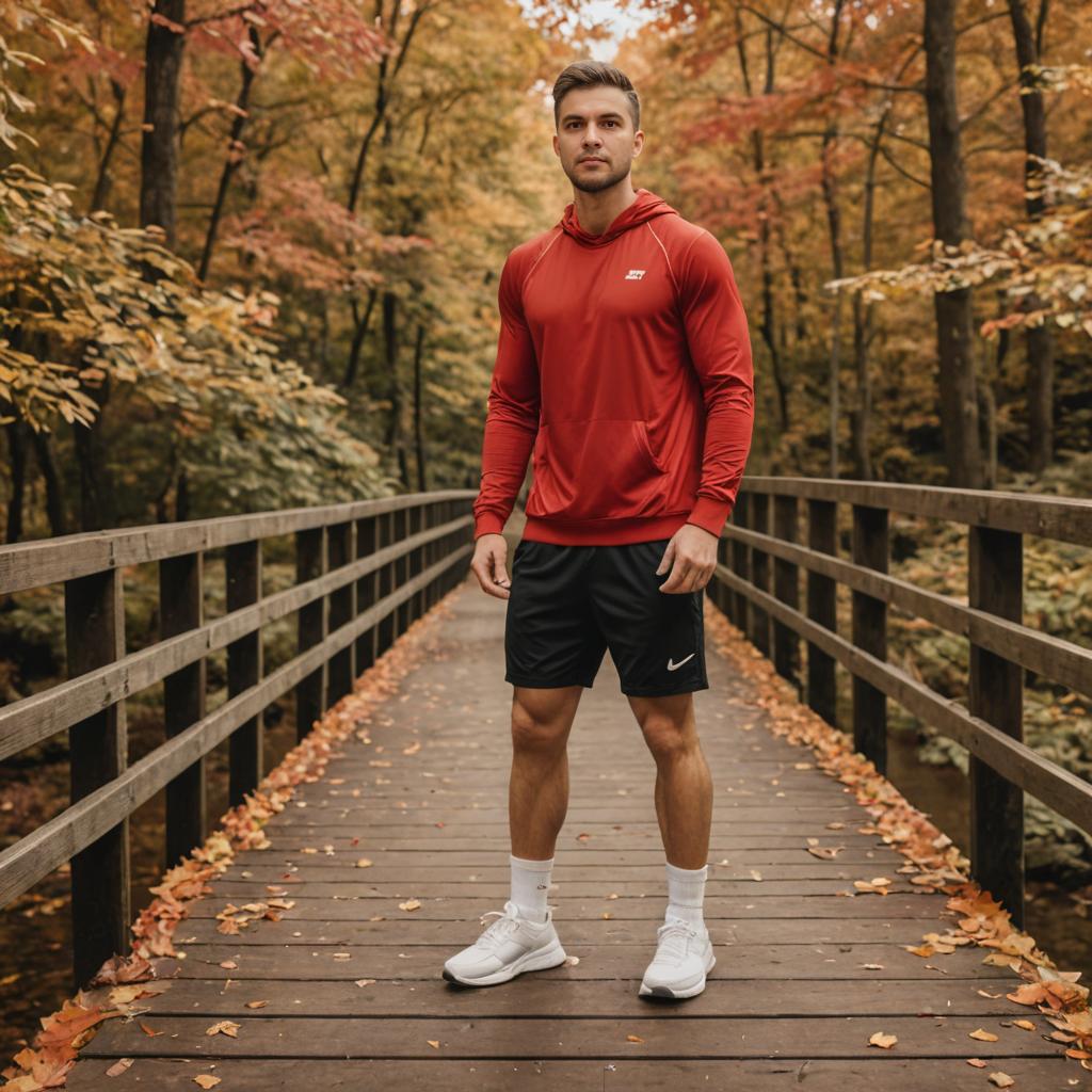 Man in Red Hoodie on Autumn Bridge