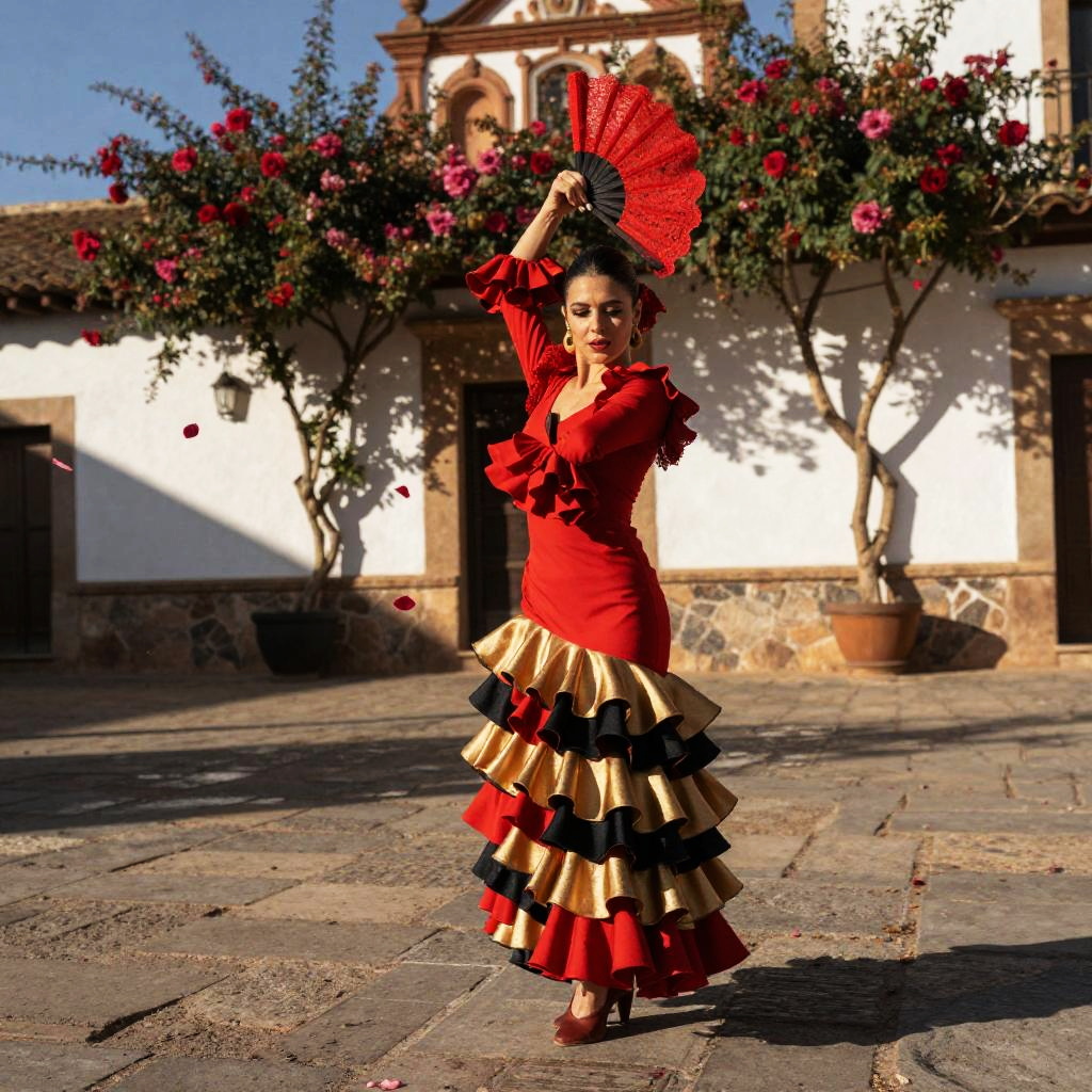 Traditional Flamenco Dance Woman in Red and Gold Dress with Fan