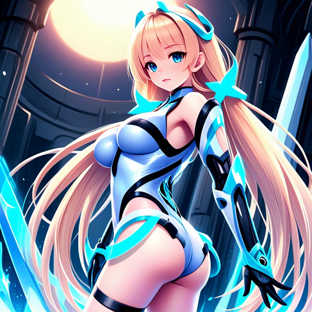 Anime Woman in Futuristic Outfit with Long Blonde Hair and Blue Accents