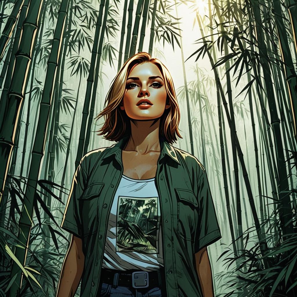 Stylized Digital Illustration of Woman in Bamboo Forest