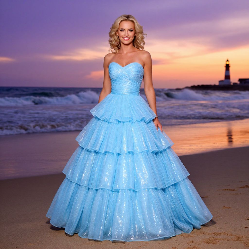 Elegant Woman in Sparkling Blue Ball Gown on Beach at Sunset