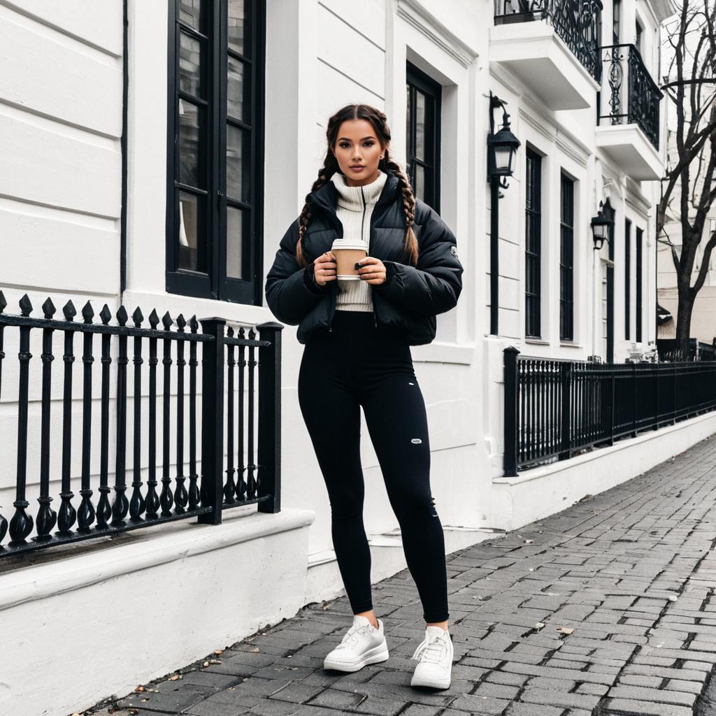 Stylish Woman in Black Puffer Jacket and Leggings Holding Coffee on Urban Street