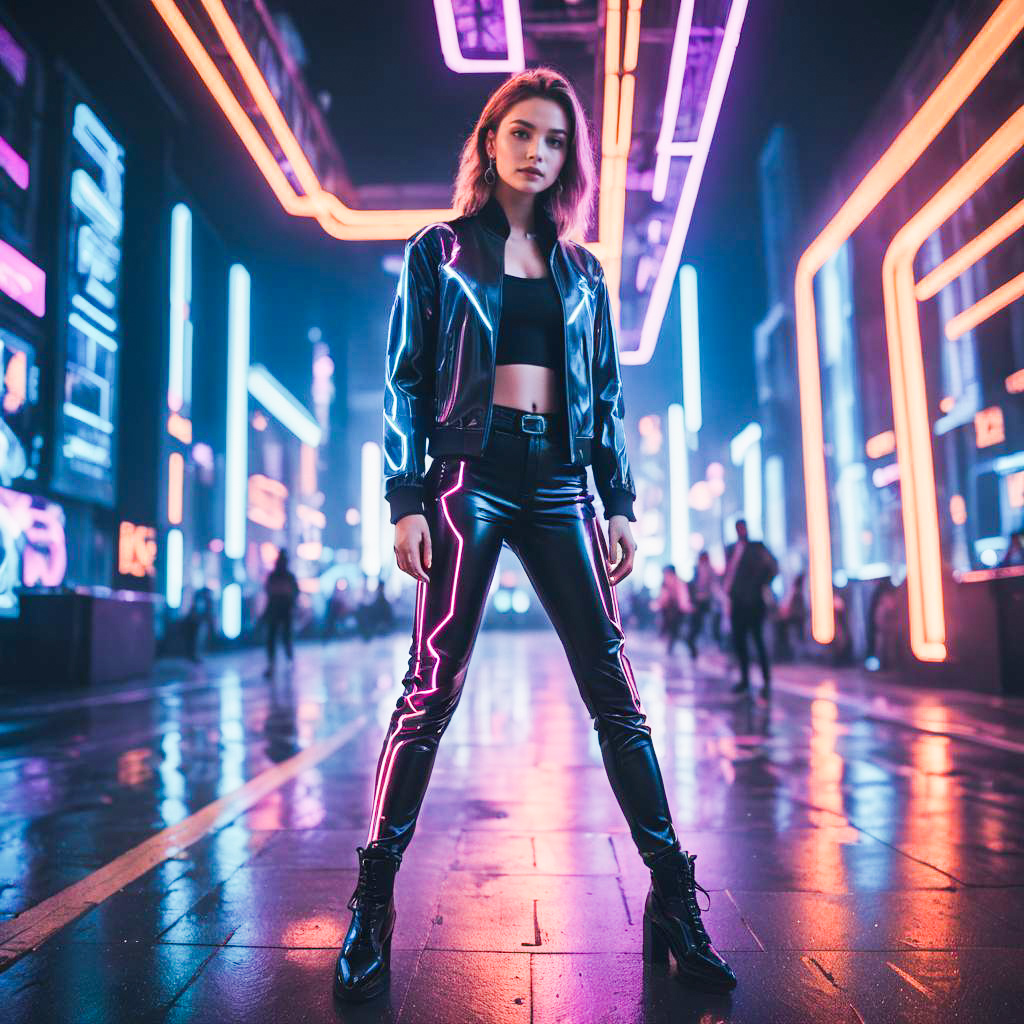 Woman in Neon Urban Setting