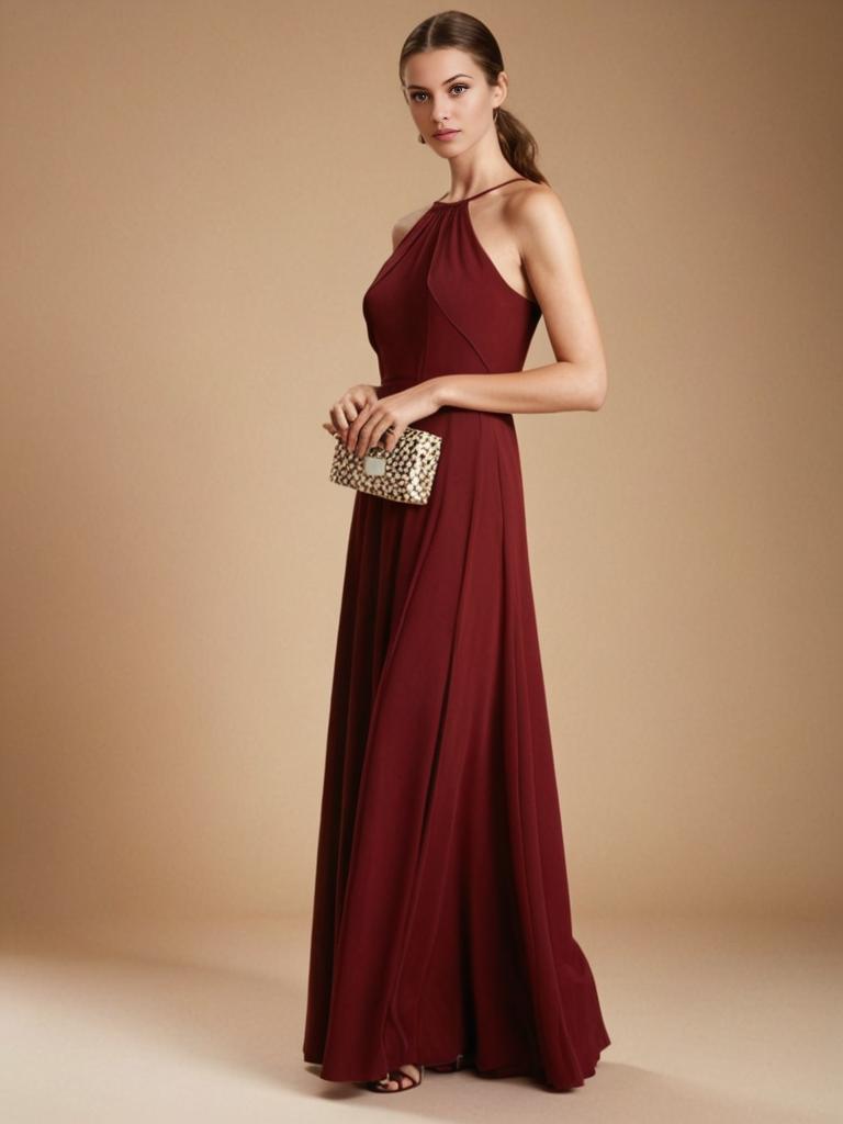 Elegant Woman in Burgundy Gown with Clutch - Old Hollywood Glamour