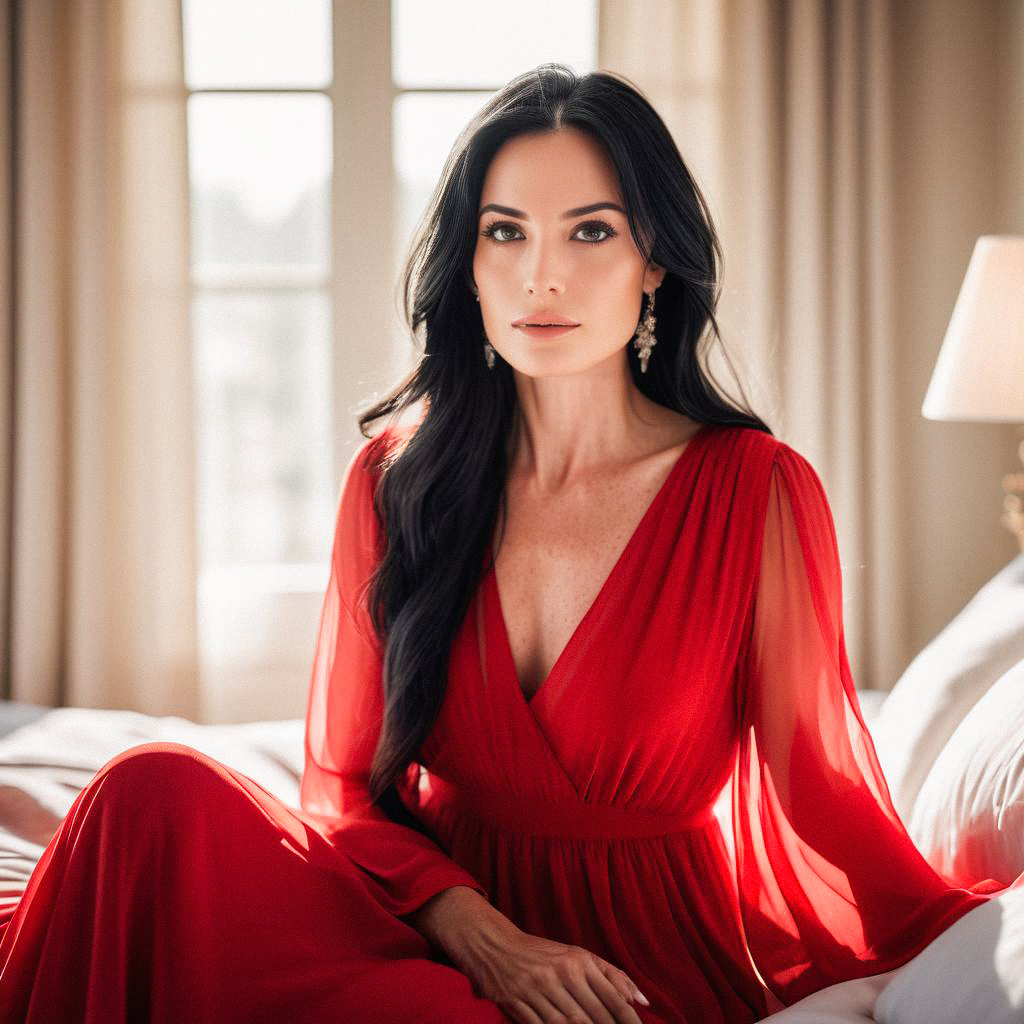 Elegant Woman in Red Dress in Sunlit Room