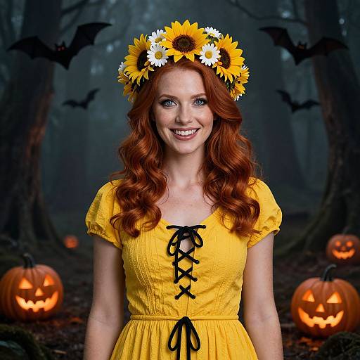 Red Haired Woman in Yellow Dress with Sunflower Crown Halloween Forest Scene