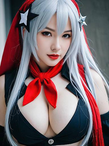 Girls Frontline Cosplay Woman Silver Hair Red Scarf Realistic Portrait
