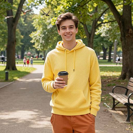 Young Man in Yellow Hoodie Holding Coffee in Park