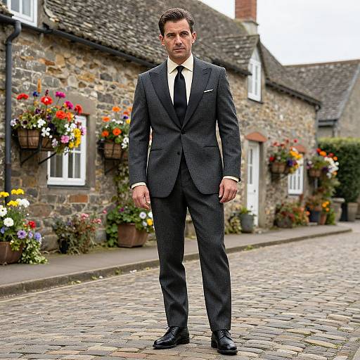 Man in Tailored Gray Suit Standing on Cobblestone Street with Flower-Adorned Stone Cottages