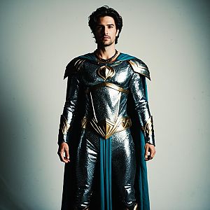 Man in Metallic Armor with Teal Cape