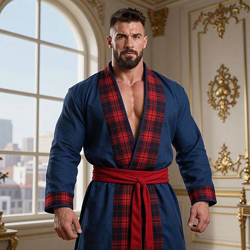 Muscular Man in Blue and Red Plaid Robe in Luxurious Room