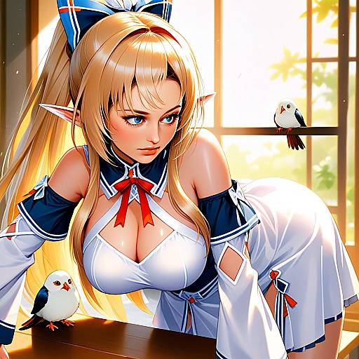 Anime-Style Blonde Elf Woman with Blue Eyes and Birds in Sunlit Room