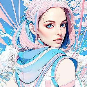 Anime-style woman with blue eyes and pink hair in spring background