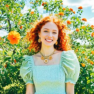 Smiling Woman in Green Dress Among Orange Flowers