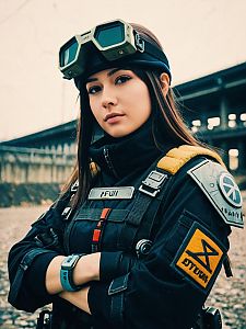 Young Woman in Futuristic Tactical Gear Outdoor Portrait