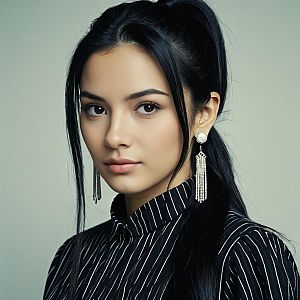 Close-up portrait of a young woman with black hair and striped blouse