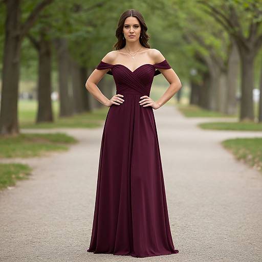 Elegant Woman in Off-Shoulder Burgundy Gown on Tree-Lined Pathway
