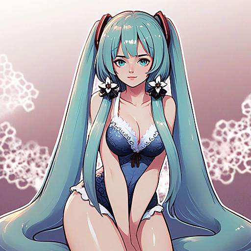 Hachune Miku Anime Style Digital Illustration in Blue Lingerie