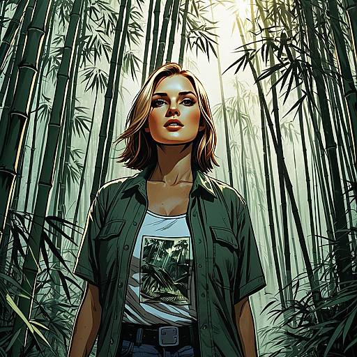 Stylized Digital Illustration of Woman in Bamboo Forest