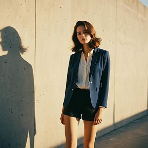 Young Woman in Navy Blazer and Shorts Standing by Concrete Wall in Natural Light