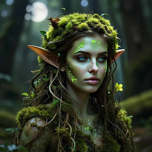 Mystical Forest Elf Woman with Moss and Glowing Green Markings in Fantasy Setting