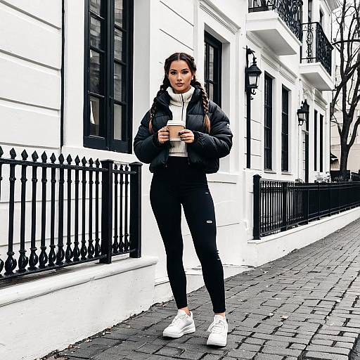 Stylish Woman in Black Puffer Jacket and Leggings Holding Coffee on Urban Street