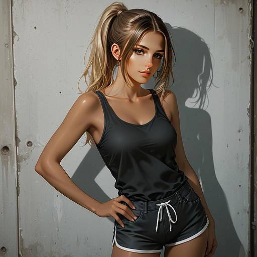 Stylish Woman in Black Athletic Wear Digital Illustration