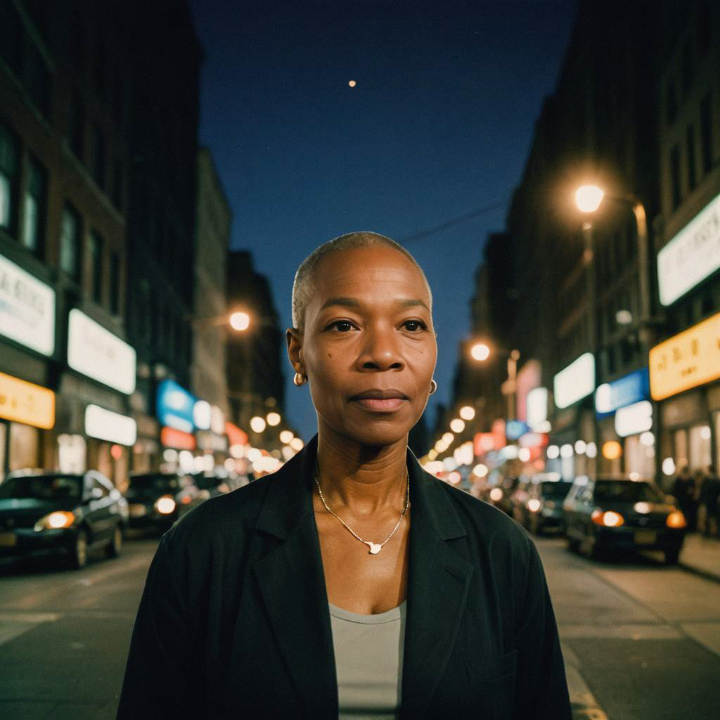 Confident Woman in Urban Nightscape