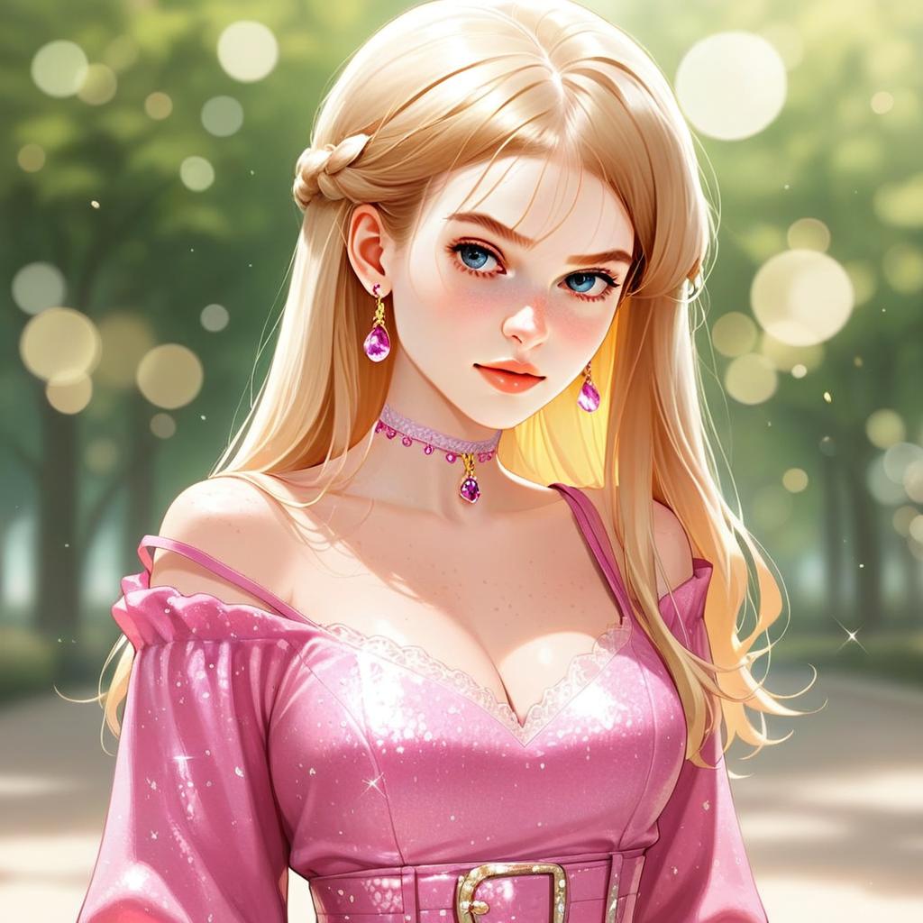 Elegant Blonde Woman in Sparkling Pink Dress Digital Illustration