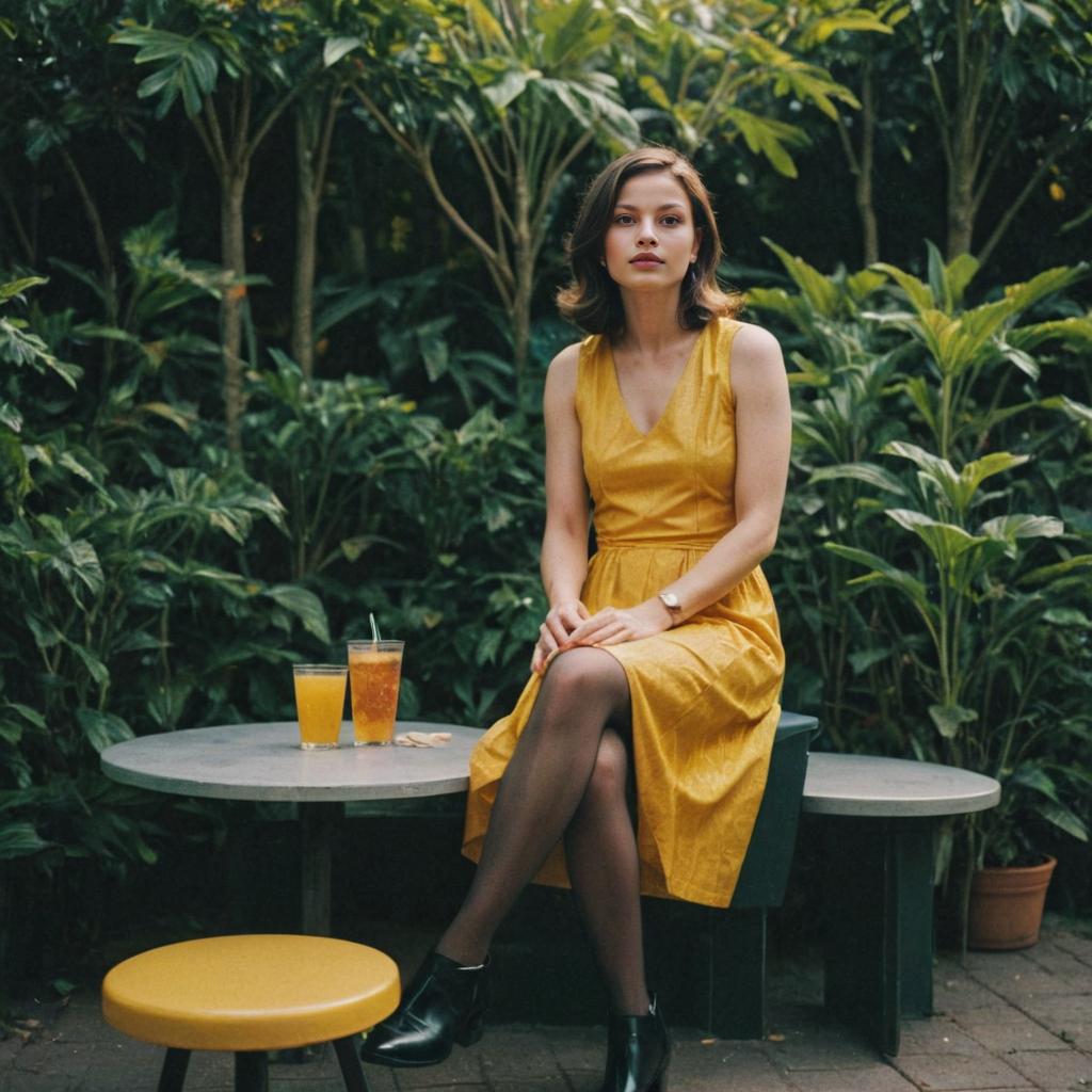 Stylish Woman in Yellow Dress at Outdoor Table