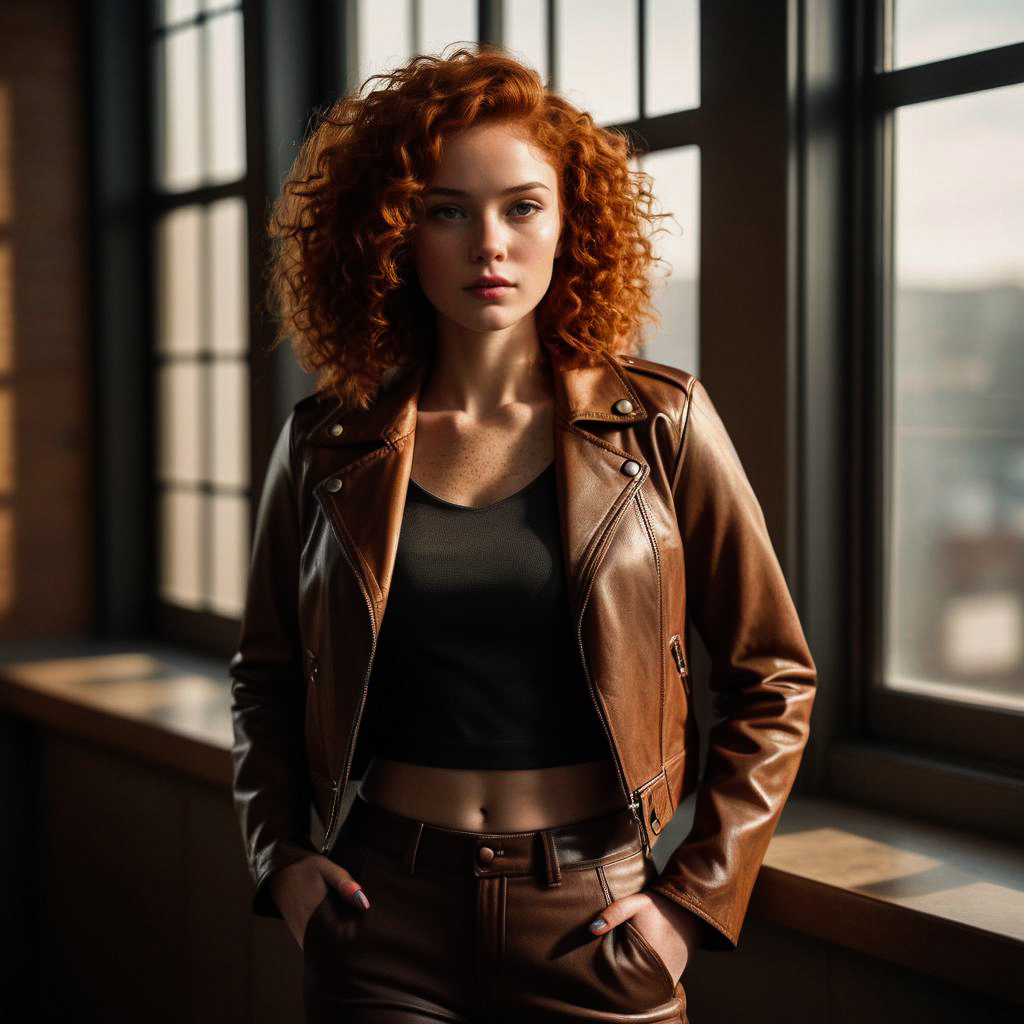 Confident Young Woman with Curly Red Hair in Stylish Outfit