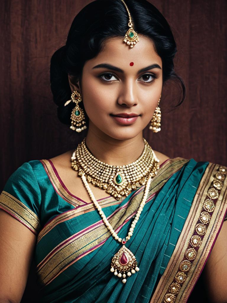 Woman in Traditional Indian Saree with Gold Jewelry