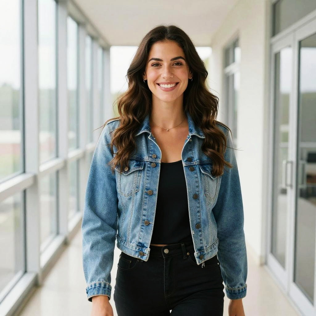 Confident Young Woman in Denim Jacket Walking in Modern Corridor