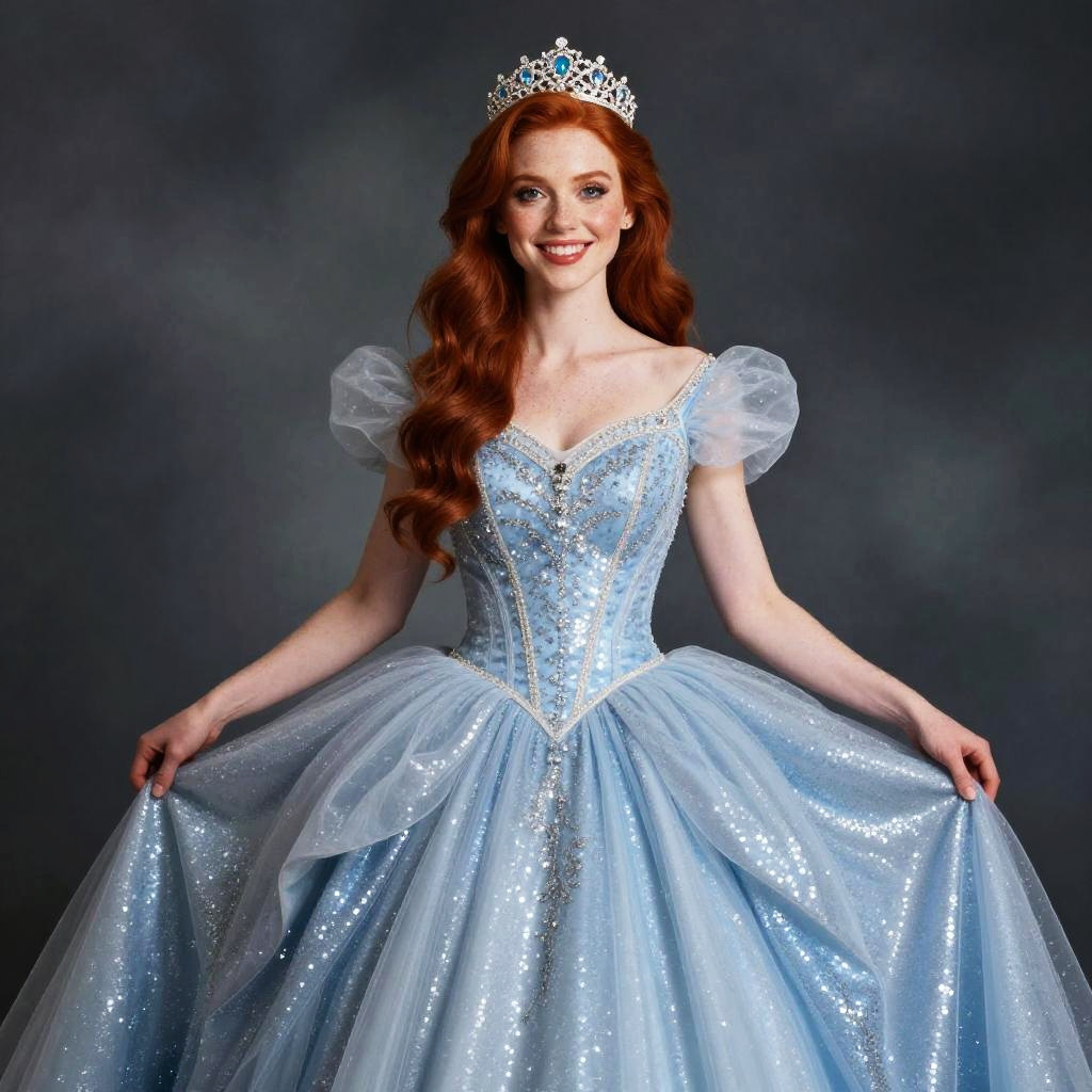 Red-Haired Woman in Sparkling Blue Princess Dress with Tiara