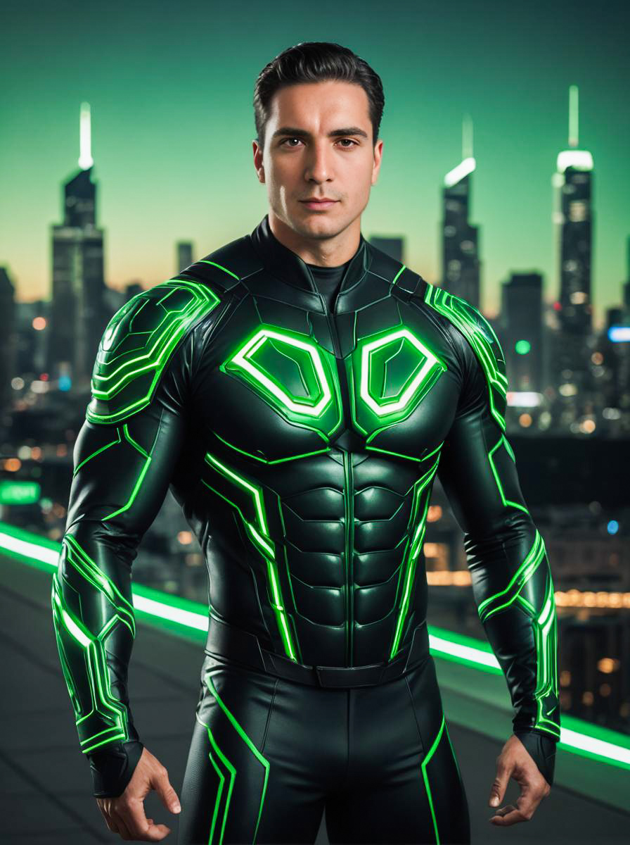 Muscular Man in Futuristic Suit with Green Accents