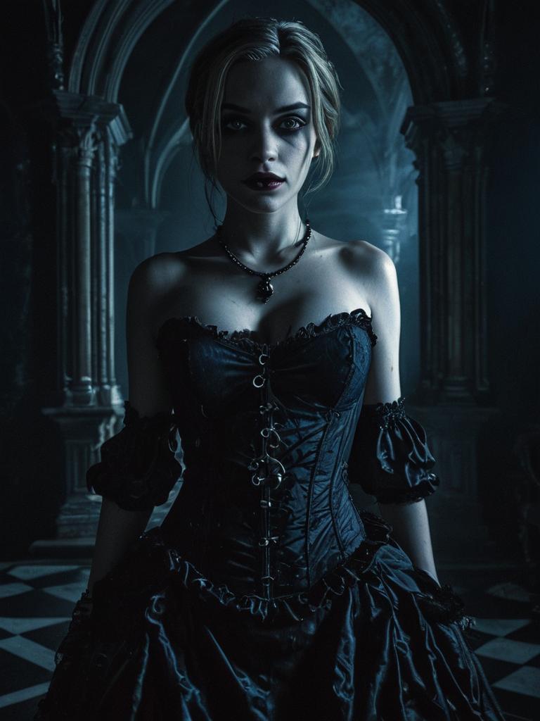 Gothic Woman in Victorian Corset Dress in Dark Historic Setting