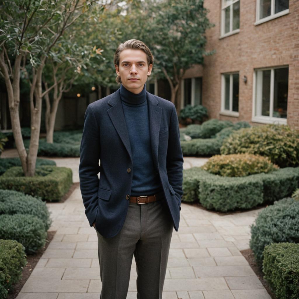 Confident Man in Blue Blazer in Garden