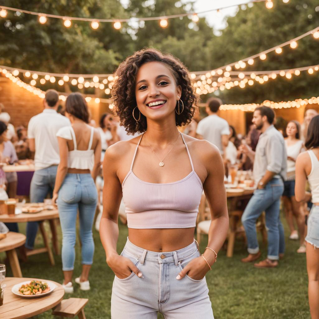 Cheerful Woman at Vibrant Outdoor Party