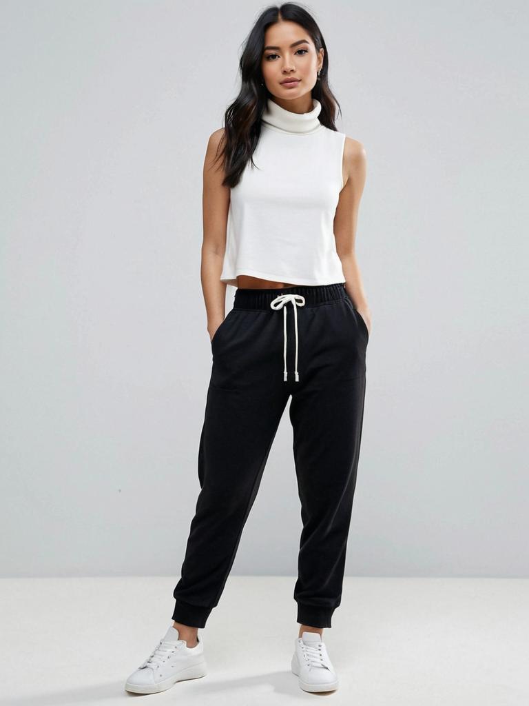 Minimalist White Sleeveless Turtleneck Crop Top with Black Relaxed Joggers