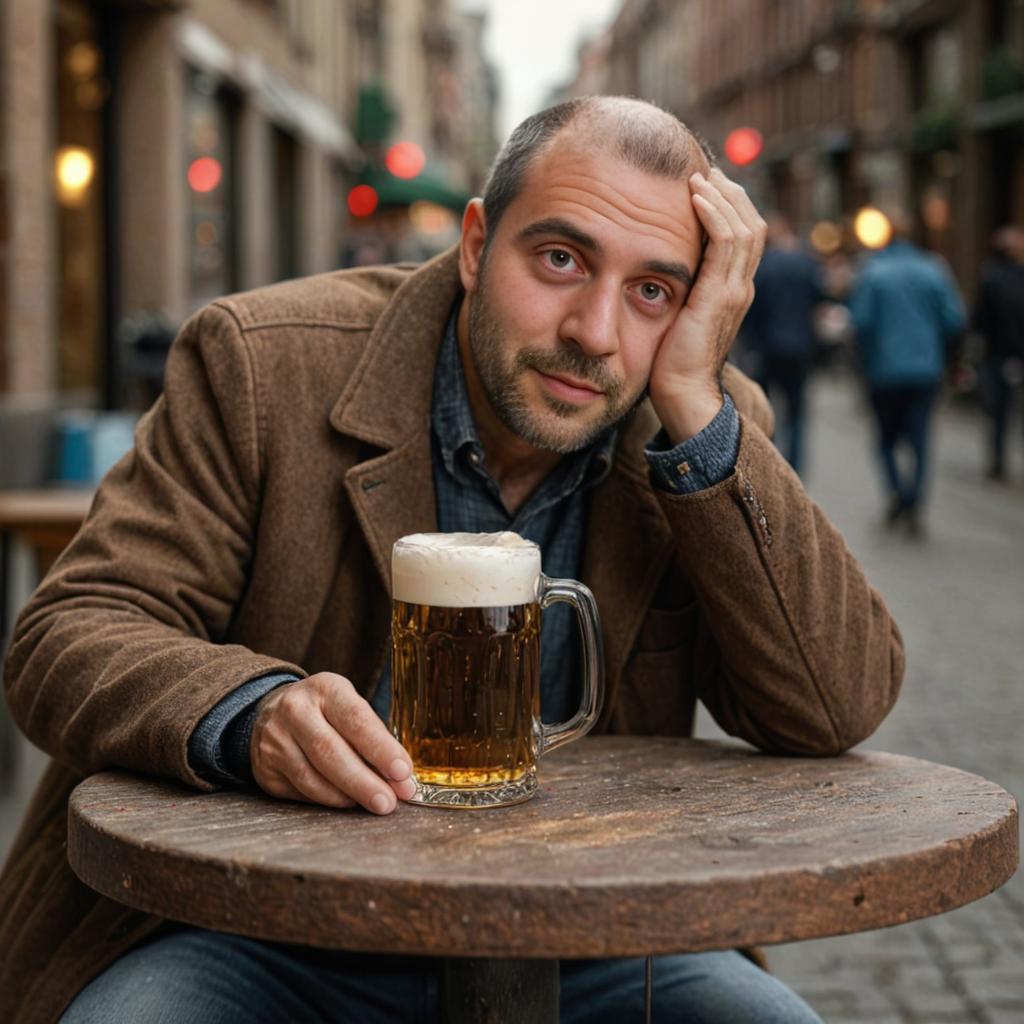 Man with Beer at Outdoor Table in Urban Setting