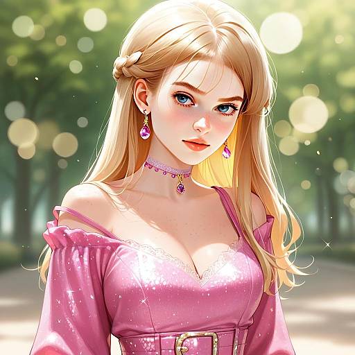 Elegant Blonde Woman in Sparkling Pink Dress Digital Illustration