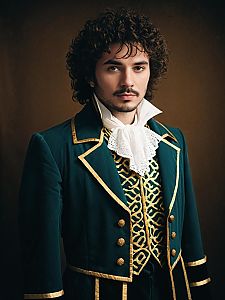 Man in Realistic Bruford Costume Cosplay with Embroidered Jacket and Lace Cravat