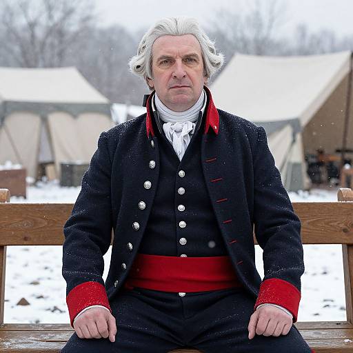 Man in Historical Military Uniform Sitting on Bench in Snowy Camp
