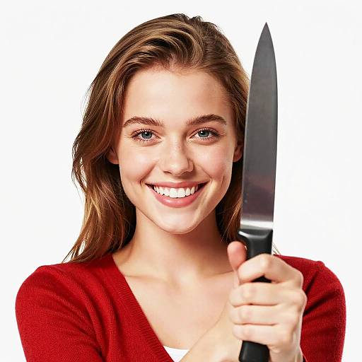 Young Smiling Woman Holding Kitchen Knife Red Sweater
